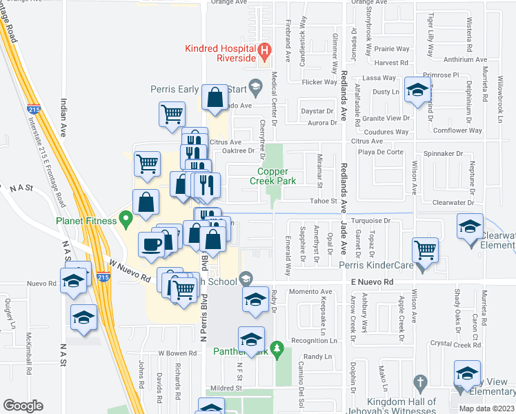 map of restaurants, bars, coffee shops, grocery stores, and more near 169 Peppertree Drive in Perris