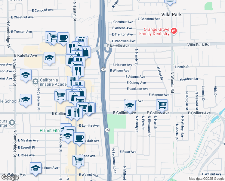 map of restaurants, bars, coffee shops, grocery stores, and more near 2136 East Jackson Avenue in Orange