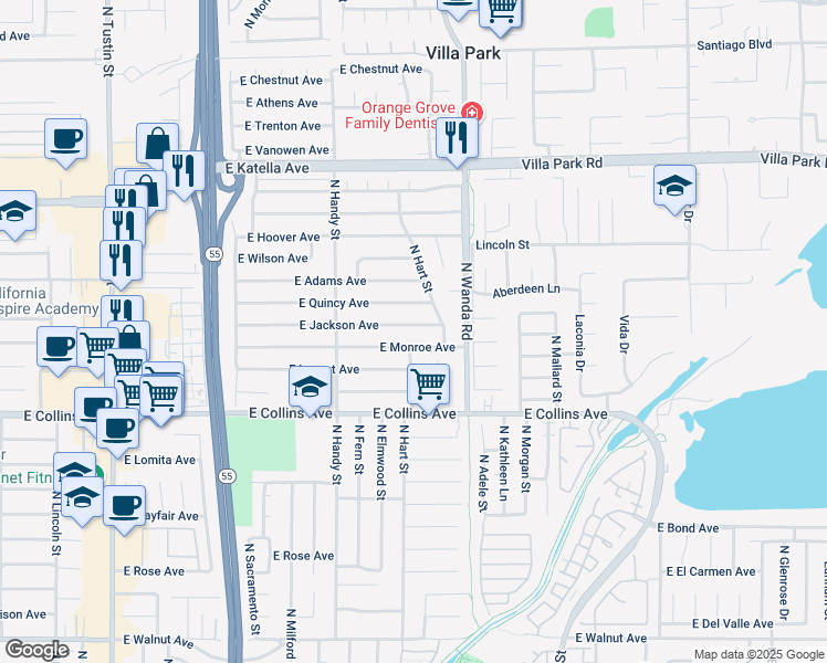 map of restaurants, bars, coffee shops, grocery stores, and more near 2803 East Jackson Avenue in Orange