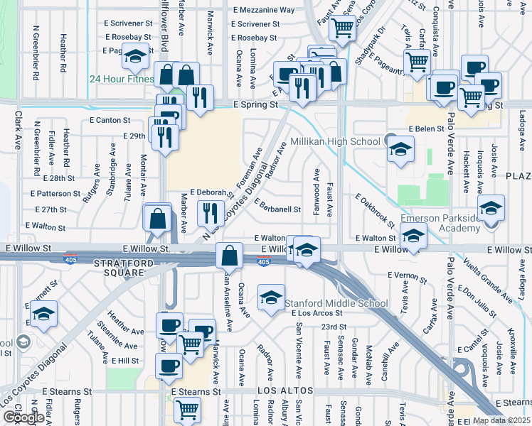 map of restaurants, bars, coffee shops, grocery stores, and more near 5825 East Barbanell Street in Long Beach