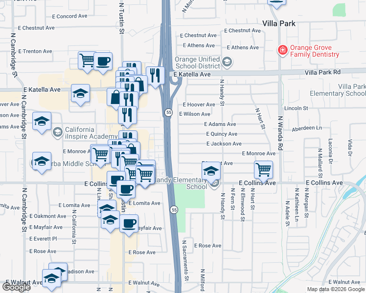 map of restaurants, bars, coffee shops, grocery stores, and more near 2136 East Jackson Avenue in Orange