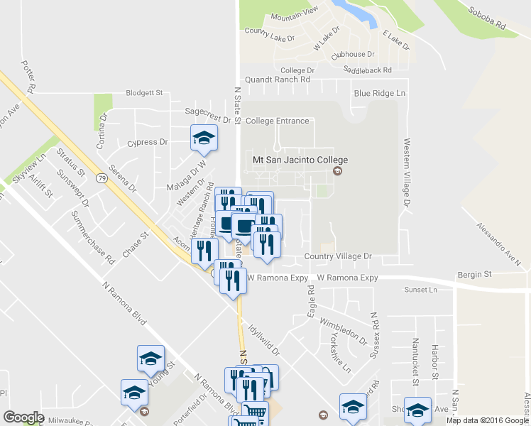 map of restaurants, bars, coffee shops, grocery stores, and more near 638 Villa Chaparral Road in San Jacinto