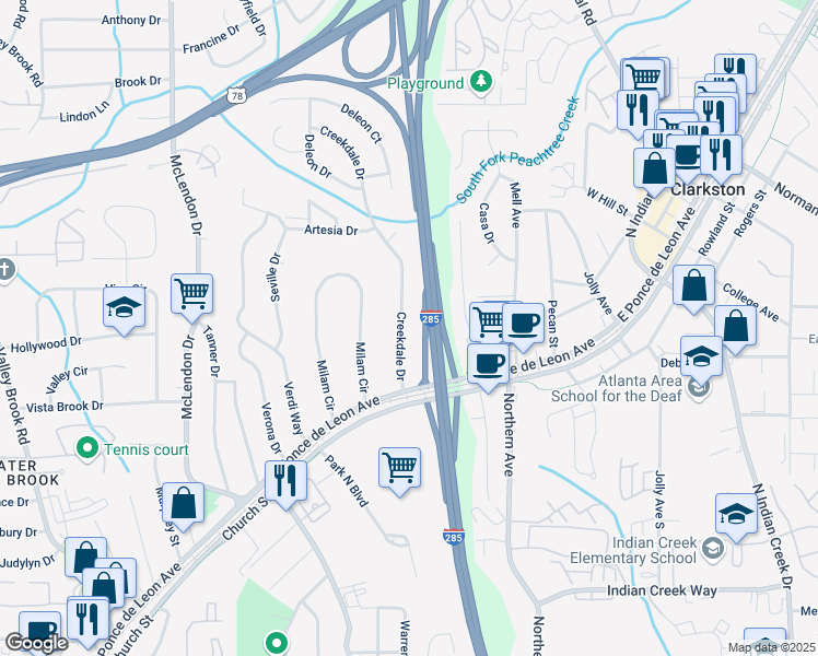map of restaurants, bars, coffee shops, grocery stores, and more near 921 Creekdale Drive in Clarkston