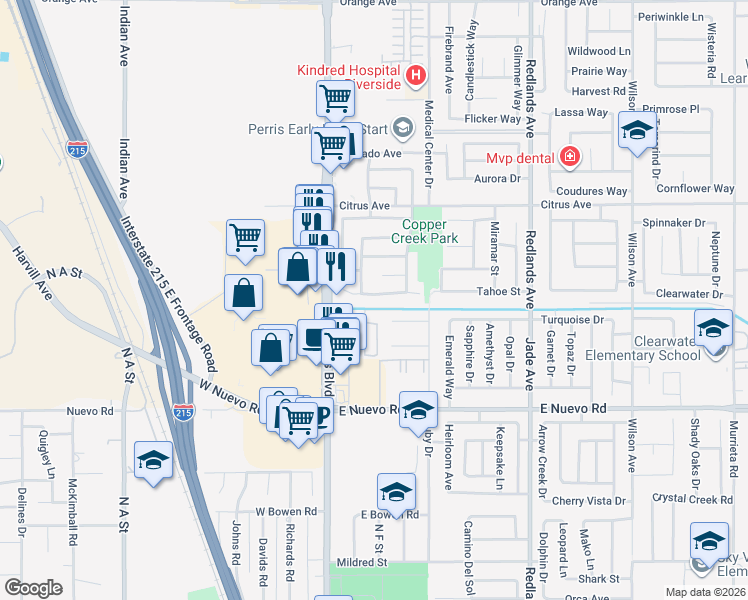 map of restaurants, bars, coffee shops, grocery stores, and more near 127 Peppertree Drive in Perris
