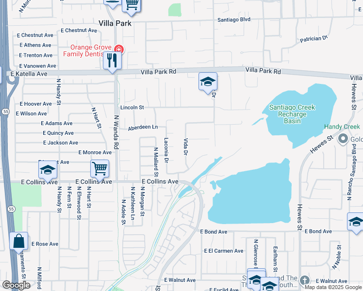 map of restaurants, bars, coffee shops, grocery stores, and more near 10771 Vida Drive in Villa Park