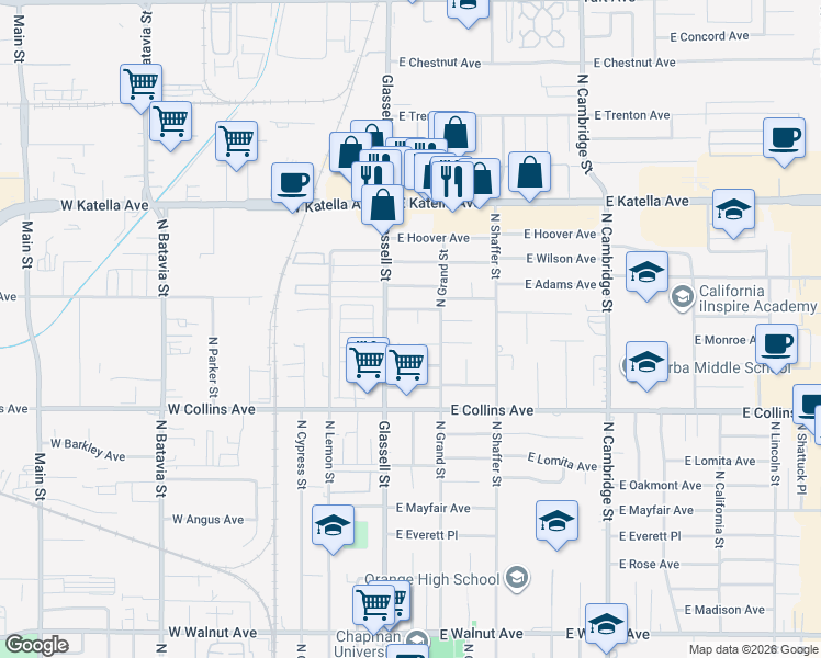 map of restaurants, bars, coffee shops, grocery stores, and more near 148 East Quincy Avenue in Orange