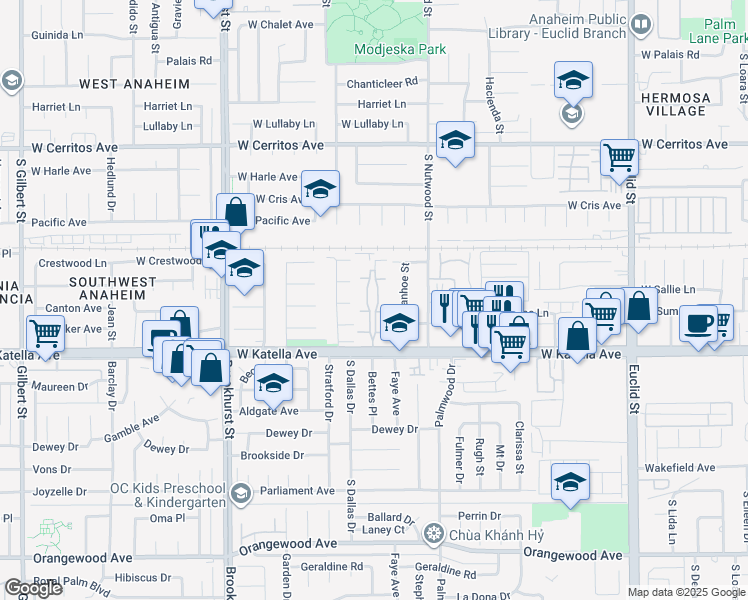 map of restaurants, bars, coffee shops, grocery stores, and more near 2026 West Forest Lane in Anaheim