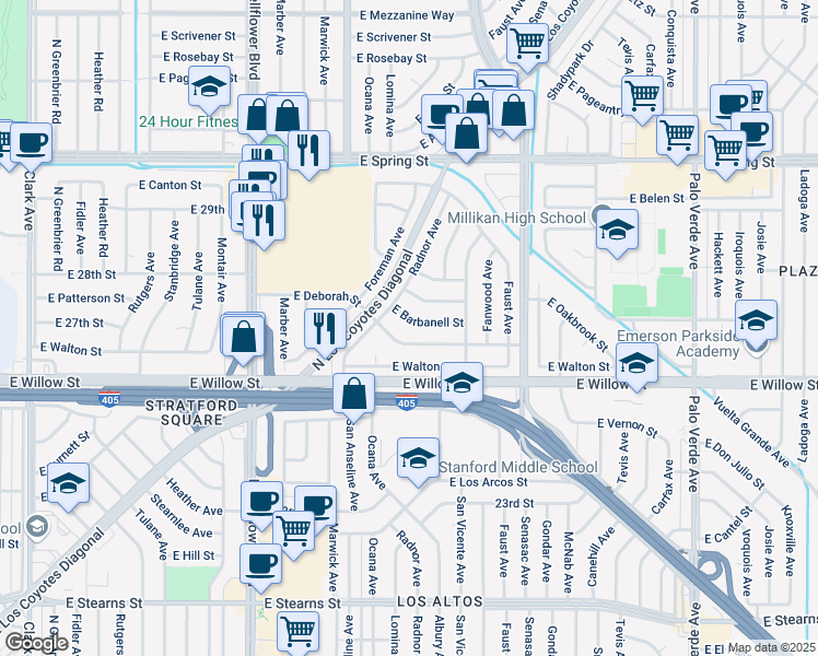 map of restaurants, bars, coffee shops, grocery stores, and more near 5825 East Barbanell Street in Long Beach