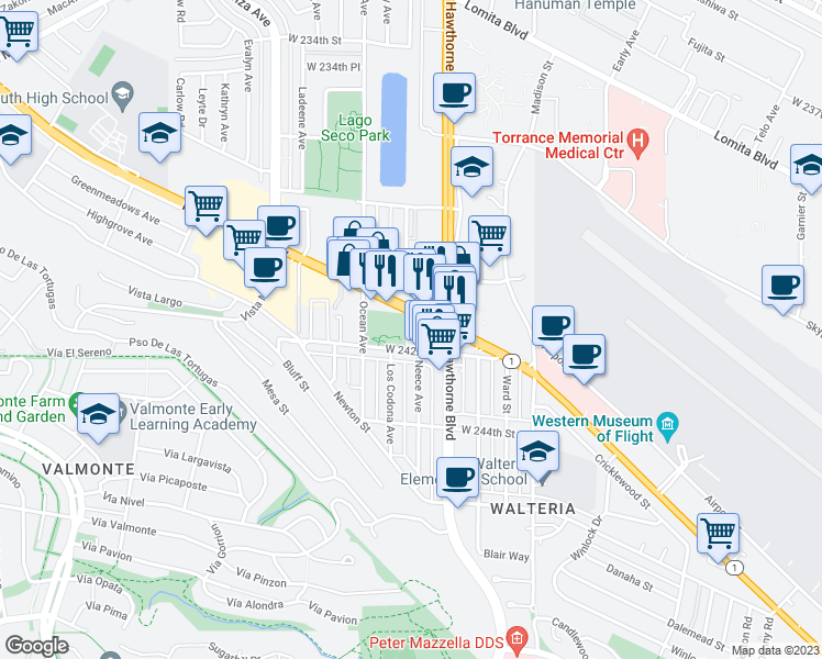 map of restaurants, bars, coffee shops, grocery stores, and more near 3810 California 1 in Torrance