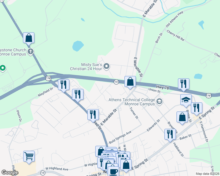 map of restaurants, bars, coffee shops, grocery stores, and more near 206 Sorrells Street in Monroe