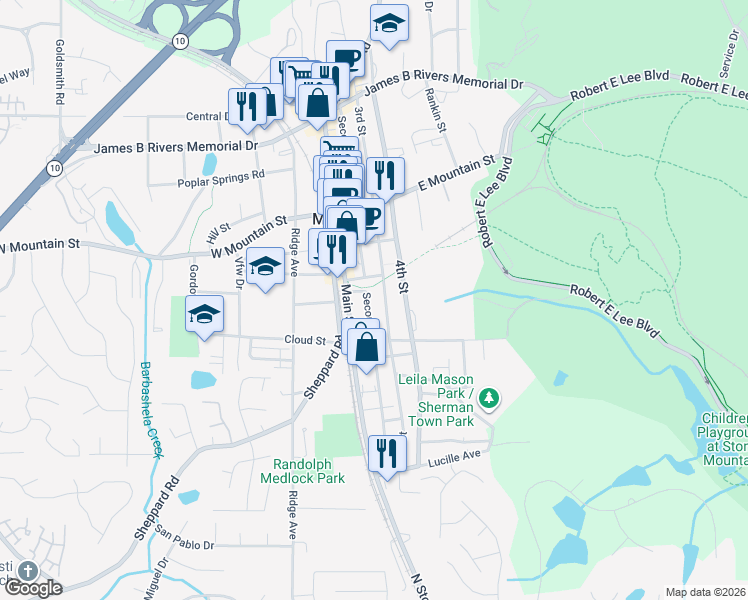 map of restaurants, bars, coffee shops, grocery stores, and more near 921 Second Street in Stone Mountain