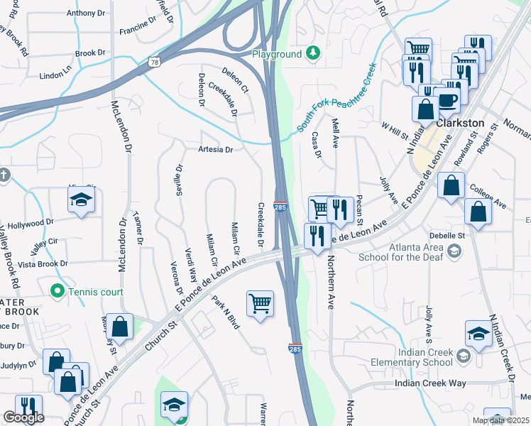 map of restaurants, bars, coffee shops, grocery stores, and more near 921 Creekdale Drive in Clarkston