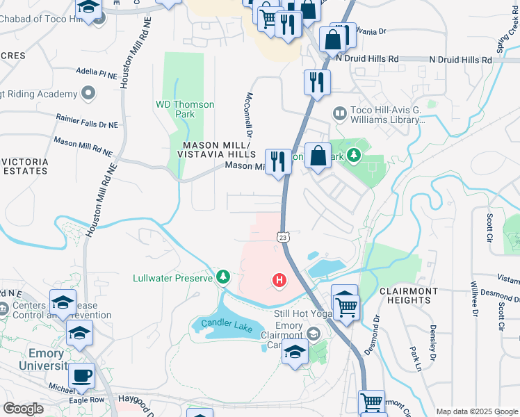 map of restaurants, bars, coffee shops, grocery stores, and more near 1917 Ridgemont Lane in Decatur