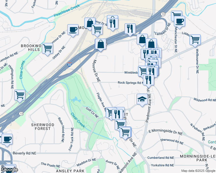map of restaurants, bars, coffee shops, grocery stores, and more near 421 Rock Springs Road Northeast in Atlanta