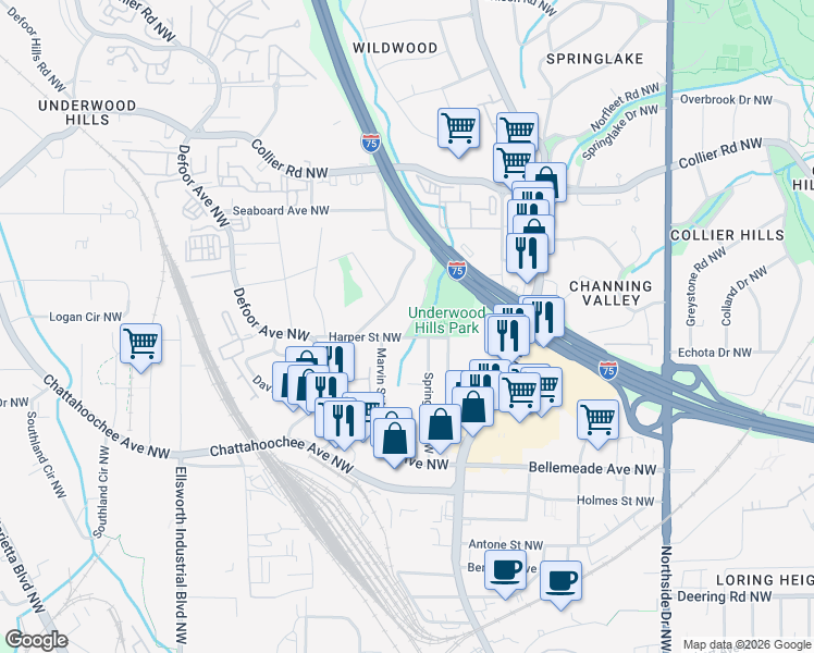 map of restaurants, bars, coffee shops, grocery stores, and more near 1855 Woodland Hills Avenue Northwest in Atlanta