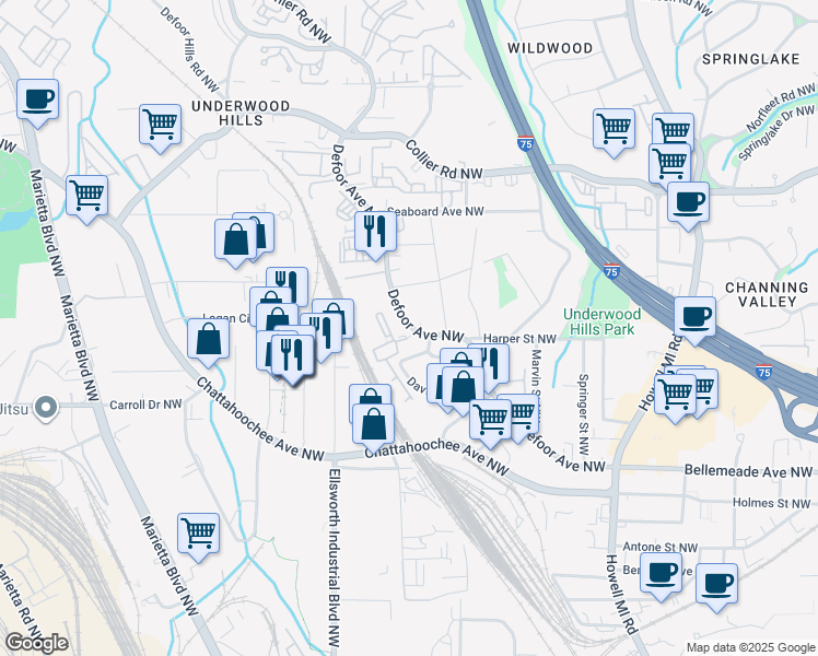 map of restaurants, bars, coffee shops, grocery stores, and more near 1853 Defoor Avenue Northwest in Atlanta