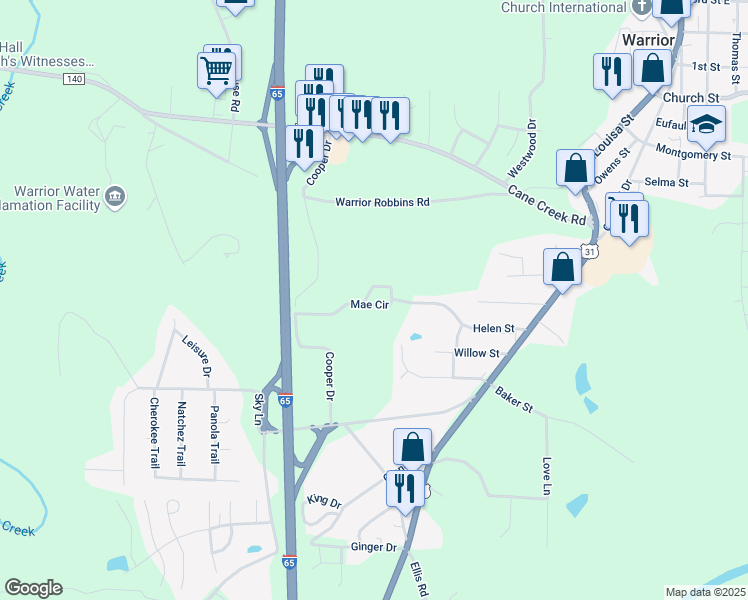 map of restaurants, bars, coffee shops, grocery stores, and more near 509 Mae Circle in Warrior