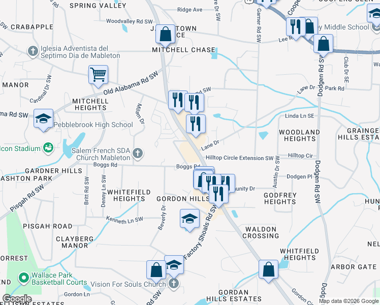 map of restaurants, bars, coffee shops, grocery stores, and more near 6094 Mableton Parkway Southwest in Mableton