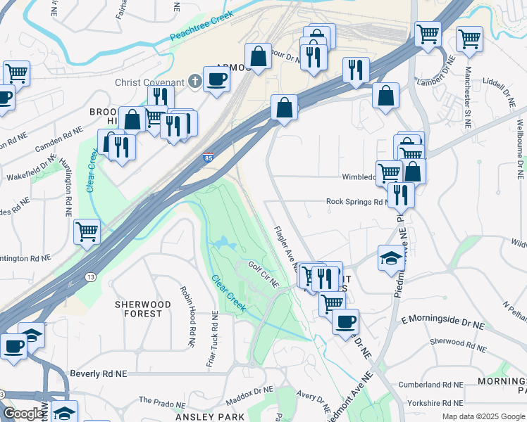 map of restaurants, bars, coffee shops, grocery stores, and more near 1848 Flagler Avenue Northeast in Atlanta