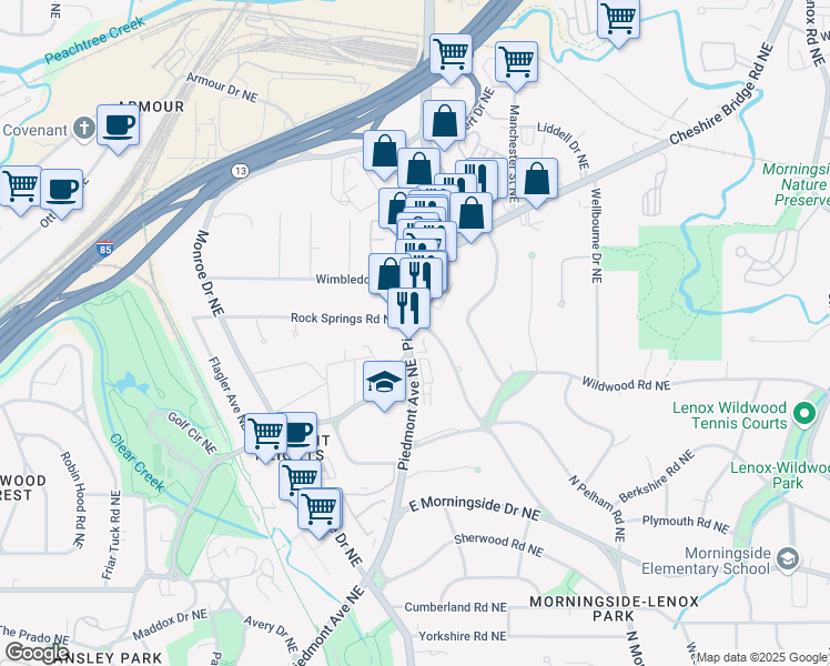 map of restaurants, bars, coffee shops, grocery stores, and more near 1825 Piedmont Road Northeast in Atlanta