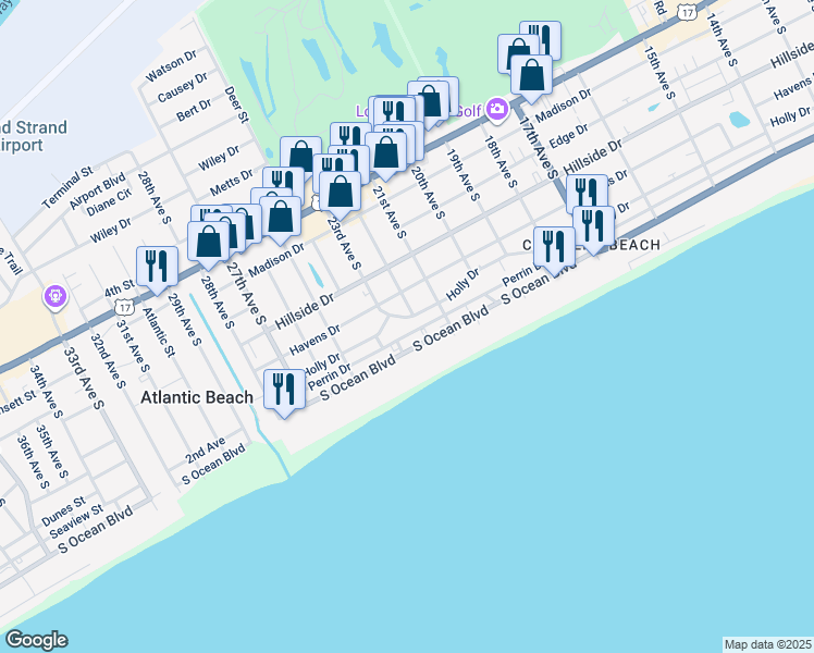 map of restaurants, bars, coffee shops, grocery stores, and more near 401 22nd Avenue South in North Myrtle Beach