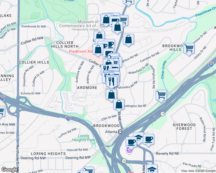 map of restaurants, bars, coffee shops, grocery stores, and more near 1820 Peachtree Road Northwest in Atlanta