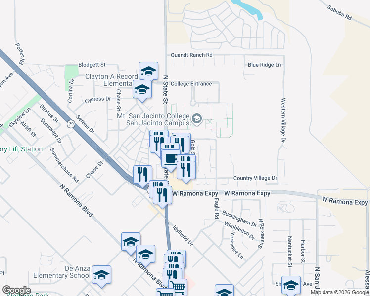map of restaurants, bars, coffee shops, grocery stores, and more near 638 Villa Chaparral Road in San Jacinto