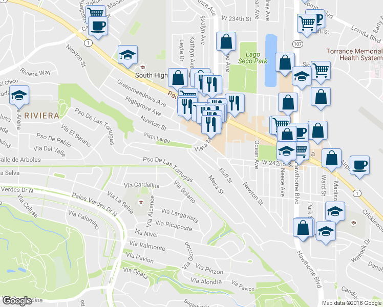 map of restaurants, bars, coffee shops, grocery stores, and more near 4309 Mesa Street in Torrance