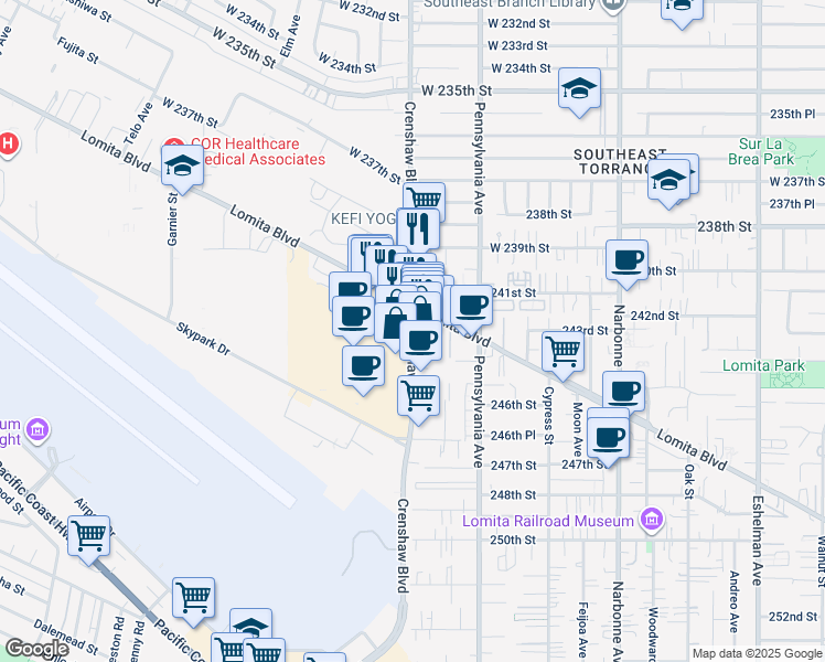 map of restaurants, bars, coffee shops, grocery stores, and more near 24239 Crenshaw Boulevard in Torrance
