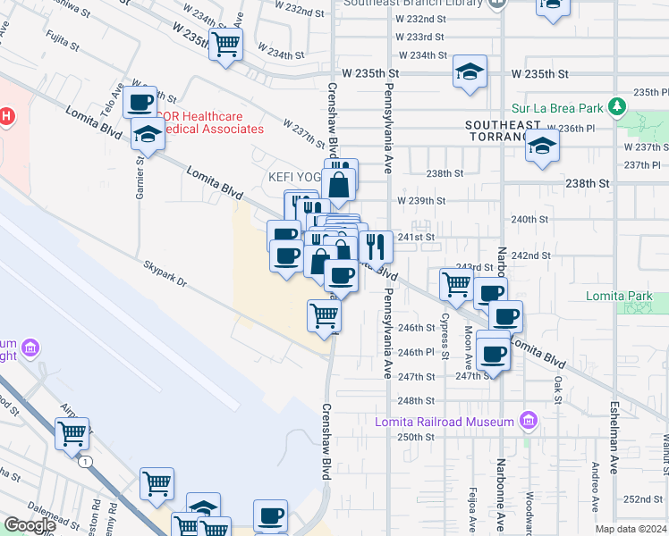 map of restaurants, bars, coffee shops, grocery stores, and more near 24239 Crenshaw Boulevard in Torrance