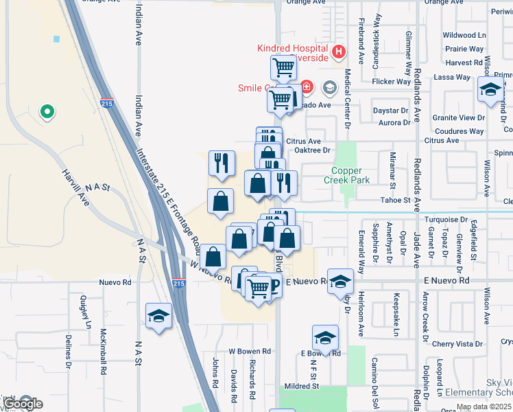 map of restaurants, bars, coffee shops, grocery stores, and more near 1835 North Perris Boulevard in Perris