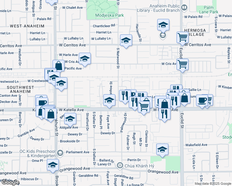 map of restaurants, bars, coffee shops, grocery stores, and more near 1668 South Ivanhoe Street in Anaheim