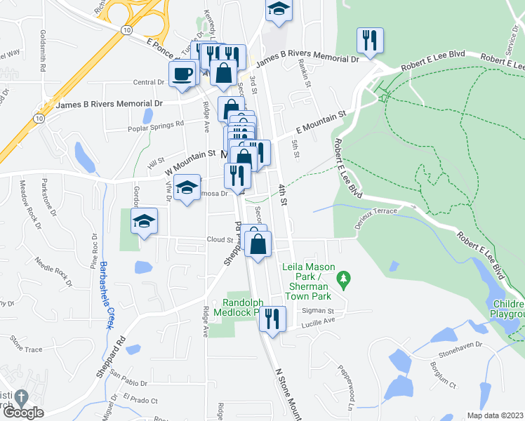 map of restaurants, bars, coffee shops, grocery stores, and more near 921 2nd Street in Stone Mountain
