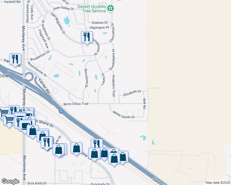 map of restaurants, bars, coffee shops, grocery stores, and more near 33530 Acapulco Trail in Thousand Palms