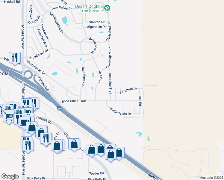 map of restaurants, bars, coffee shops, grocery stores, and more near 33530 Acapulco Trail in Thousand Palms