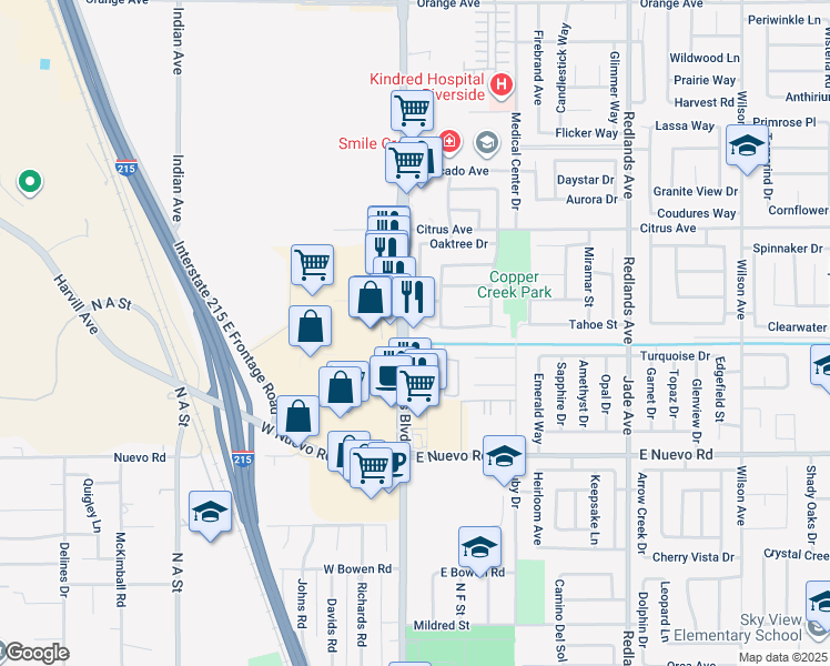 map of restaurants, bars, coffee shops, grocery stores, and more near 1835 North Perris Boulevard in Perris