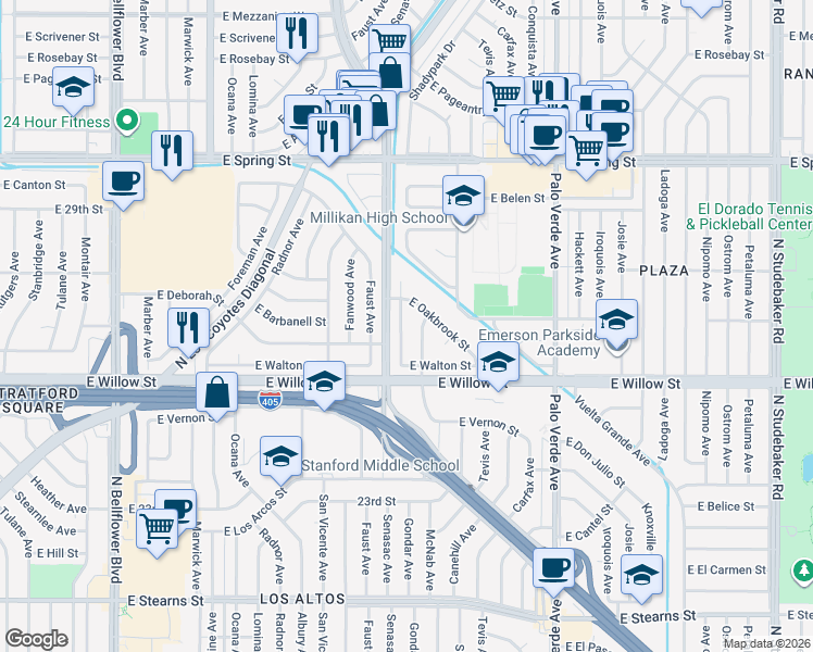 map of restaurants, bars, coffee shops, grocery stores, and more near 2690 Senasac Avenue in Long Beach