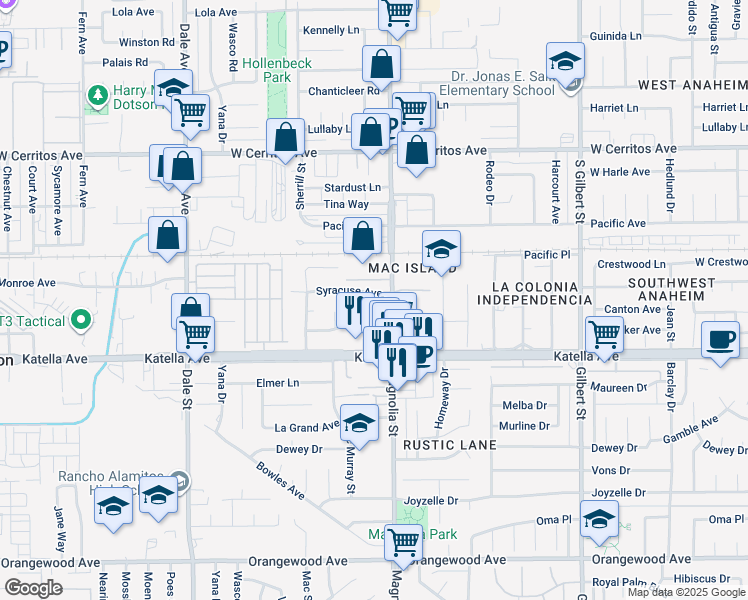 map of restaurants, bars, coffee shops, grocery stores, and more near 8952 Syracuse Avenue in Anaheim