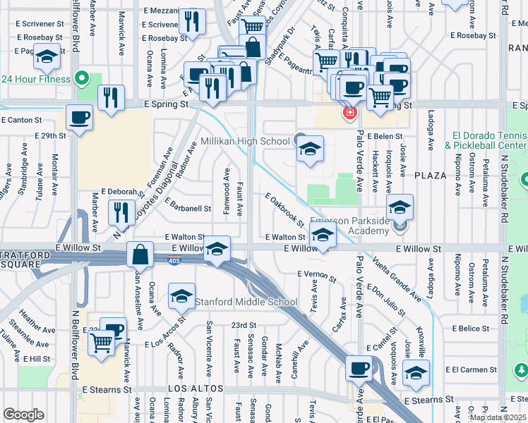 map of restaurants, bars, coffee shops, grocery stores, and more near 2690 Senasac Avenue in Long Beach