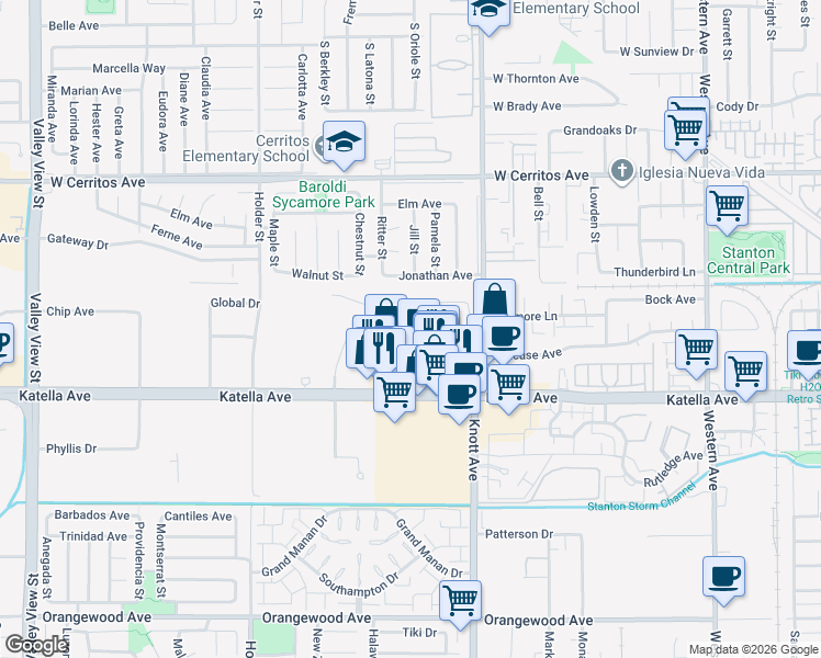 map of restaurants, bars, coffee shops, grocery stores, and more near 6870 Via Kannela in Stanton