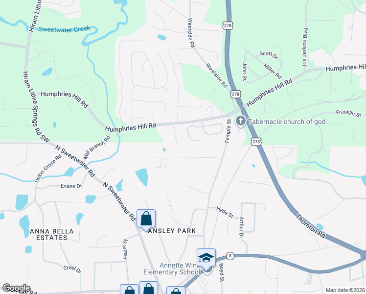 map of restaurants, bars, coffee shops, grocery stores, and more near 3050 Ben Boulevard in Austell
