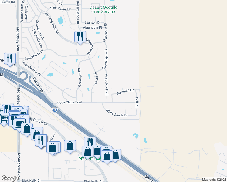 map of restaurants, bars, coffee shops, grocery stores, and more near 33560 Les Road in Thousand Palms