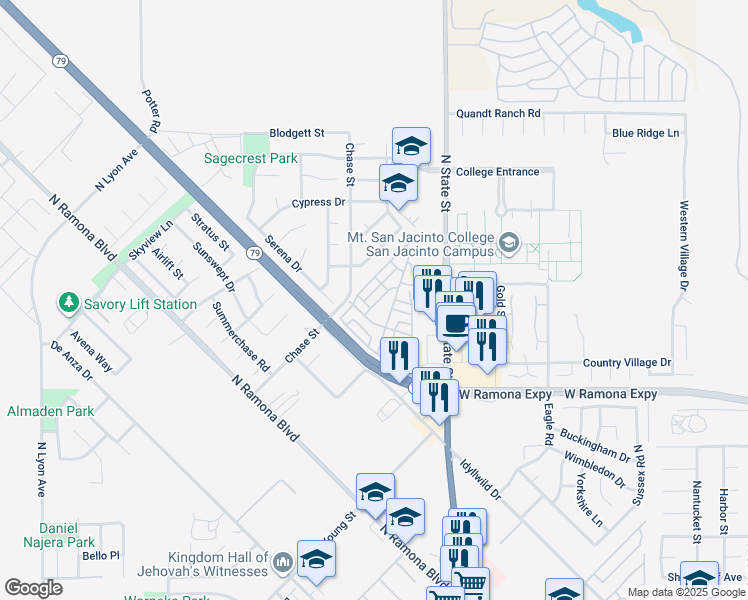 map of restaurants, bars, coffee shops, grocery stores, and more near 1346 Country Club Drive in Banning