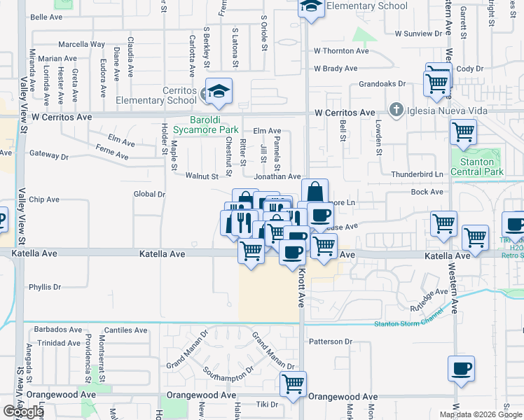 map of restaurants, bars, coffee shops, grocery stores, and more near 6870 Via Kannela in Stanton