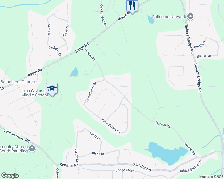 map of restaurants, bars, coffee shops, grocery stores, and more near 44 Silverthorne Trail in Douglasville