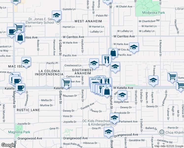 map of restaurants, bars, coffee shops, grocery stores, and more near 1721 South Nedra Place in Anaheim