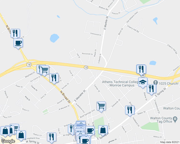 map of restaurants, bars, coffee shops, grocery stores, and more near 419 Maple Lane in Monroe