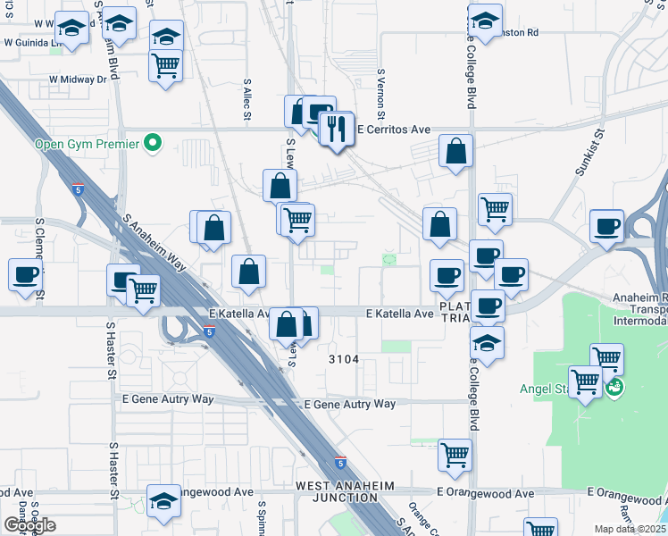 map of restaurants, bars, coffee shops, grocery stores, and more near 1883 Betmor Lane in Anaheim
