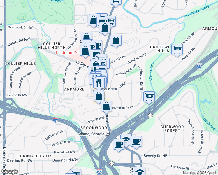 map of restaurants, bars, coffee shops, grocery stores, and more near 1851 Peachtree Road Northwest in Atlanta