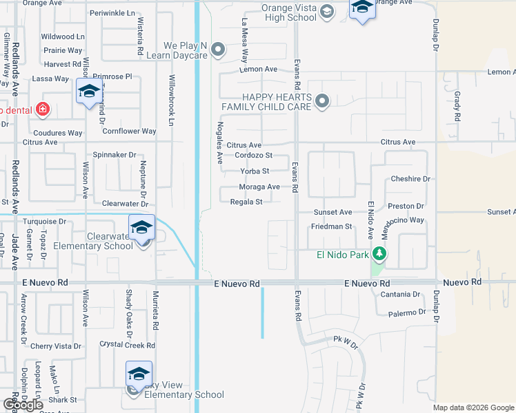 map of restaurants, bars, coffee shops, grocery stores, and more near 1121 Regala Street in Perris